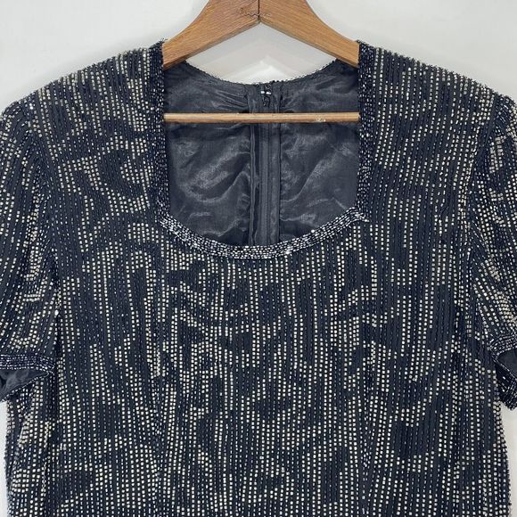 Vintage Dress Gown Midi Black Beaded Silk Evening Party Size M 90's 80's - Picture 9 of 16